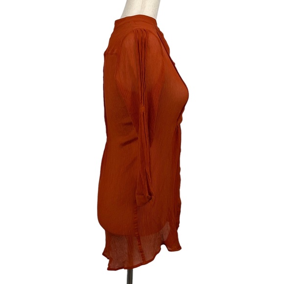 CHICO’S 100 % Burnt Orange Gauzy Pleated Button Down Lightweight 3/4 Sleeve Top - Picture 10 of 13